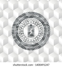 battery charging icon inside grey badge with geometric cube white background