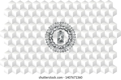 battery charging icon inside grey emblem. Vintage with geometric cube white background