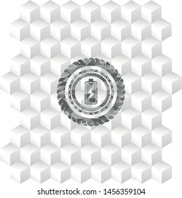 battery charging icon inside grey emblem. Retro with geometric cube white background