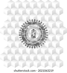 battery charging icon inside grey emblem with geometric cube white background. 