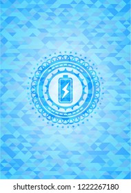 battery charging icon inside light blue emblem with triangle mosaic background