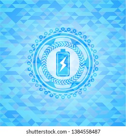 battery charging icon inside light blue emblem. Mosaic background