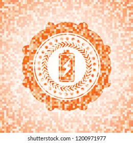 battery charging icon inside orange tile background illustration. Square geometric mosaic seamless pattern with emblem inside.