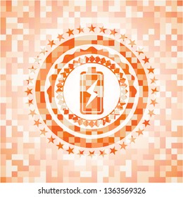 battery charging icon inside orange tile background illustration. Square geometric mosaic seamless pattern with emblem inside.