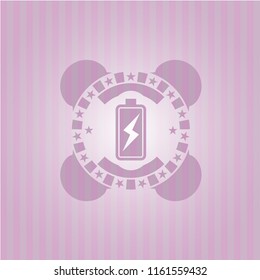 battery charging icon inside pink emblem. Retro