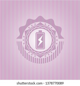 battery charging icon inside pink emblem. Retro