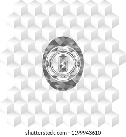battery charging icon inside realistic grey emblem with cube white background