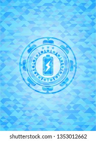 battery charging icon inside realistic sky blue emblem. Mosaic background