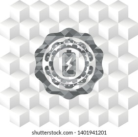 battery charging icon inside realistic grey emblem with geometric cube white background