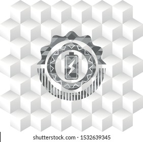 battery charging icon inside realistic grey emblem with geometric cube white background