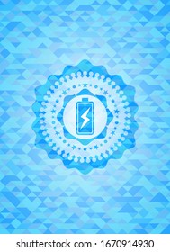 battery charging icon inside realistic light blue mosaic emblem
