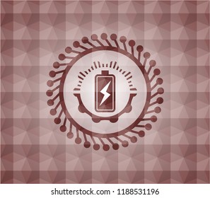 battery charging icon inside red geometric pattern emblem. Seamless.