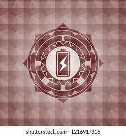 battery charging icon inside red polygonal badge. Seamless.