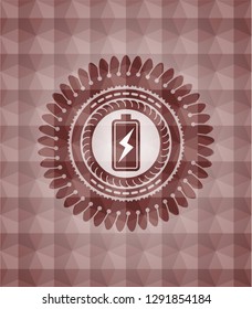 battery charging icon inside red emblem with geometric background. Seamless.