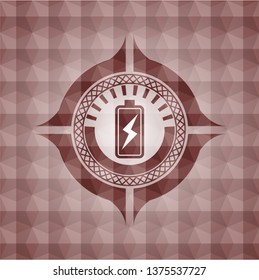 battery charging icon inside red badge with geometric pattern background. Seamless.