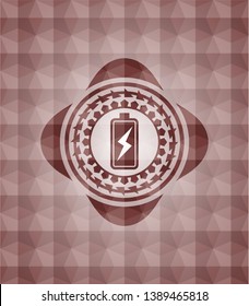 battery charging icon inside red badge with geometric pattern background. Seamless.