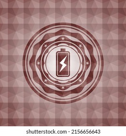 battery charging icon inside red geometric emblem. Seamless. 