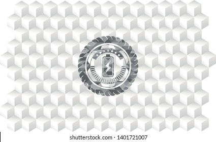 battery charging icon inside retro style grey emblem with geometric cube white background