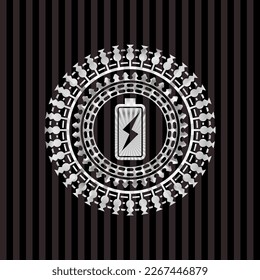 battery charging icon inside silvery shiny badge. 
