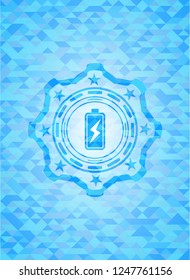 battery charging icon inside sky blue emblem with mosaic ecological style background