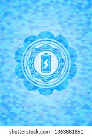 battery charging icon inside sky blue emblem. Mosaic background