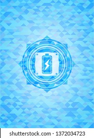 battery charging icon inside sky blue emblem with mosaic background