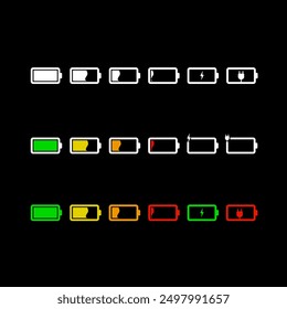 Akku-Ladesymbol. Isolierte schwarze Batteriefüllstandsanzeigesymbole auf weißem Hintergrund. Concept power, energy, low , full, empty, load. UI-Elementsymbole. Vektordesign.