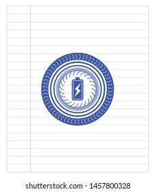 battery charging icon pen strokes emblem. Blue ink. Vector Illustration. Detailed.