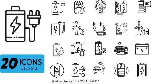 Battery Charging Icon Set: 20 Outline Vector Illustrations