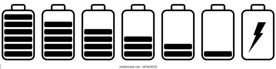 Icon für die Batterieaufladung eingestellt. Batterieladungsanzeiger-Symbole auf Schwarz, Vektorgrafiken EPS10