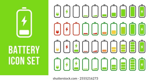 Battery charging icon set. Empty and full battery energy level icon collection. Low power mode battery vector illustration. Accumulator capacity pictogram. Web interface element for mobile phone.