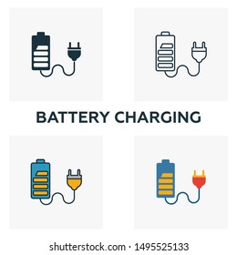 Battery Charging icon set. Four elements in diferent styles from power and energy icons collection. Creative battery charging icons filled, outline, colored and flat symbols.