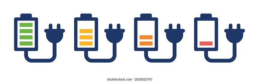 Icon für die Batterieaufladung eingestellt. Symbol für Batterieenergie einzeln auf weißem Hintergrund.