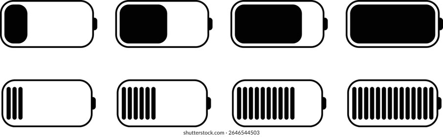 Conjunto de ícones de carregamento da bateria. Elemento de design de silhueta relacionado à coleção de vetor móvel isolado no fundo transparente, carregamento animado baixo para carga completa.