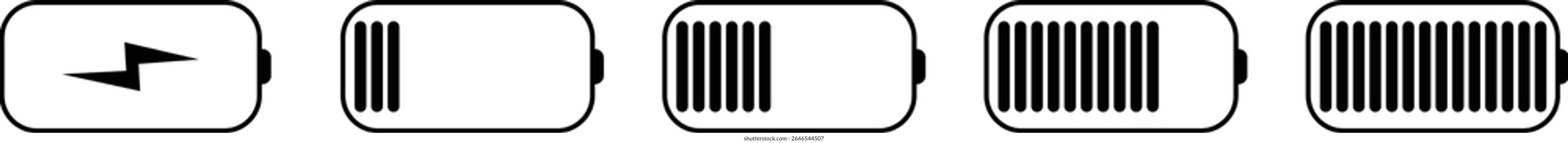 Battery charging icon set. Silhouette design element related to mobile vector collection isolated on transparent background, animated charging low to full charge. lighting power symbol for web and app