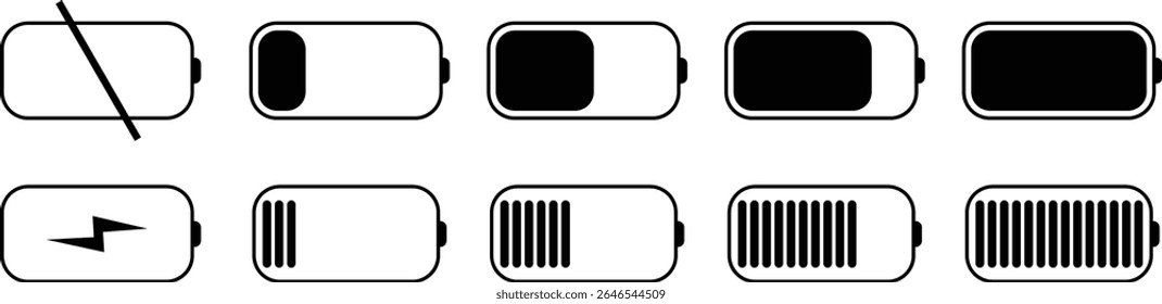 Conjunto de ícones de carregamento da bateria. Elemento de design de silhueta relacionado à coleção de vetor móvel isolado no fundo transparente, carregamento animado baixo para carga completa.