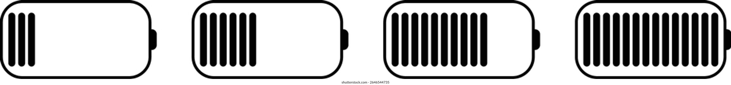 Conjunto de ícones de carregamento da bateria. Elemento de design de silhueta relacionado à coleção de vetor móvel isolado no fundo transparente, carregamento animado baixo para carga completa.