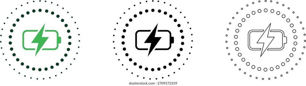 Ícone de carregamento da bateria definido simbolizando energia e energia cercado por um círculo pontilhado