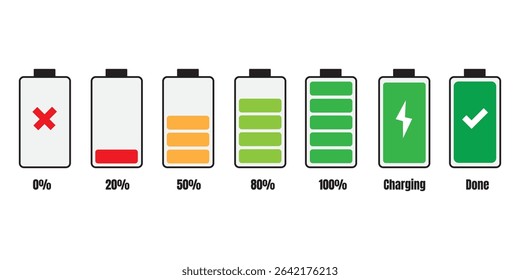 Battery Charging Icon Set - Vector Battery Charge Level Indicators with Percentage Symbol for Mobile Apps, Web UI, and Tech Infographics - Flat and Minimalist Colorful Charging Icons