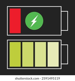 Battery charging icon showing power levels and a fully charged indicator. Represents energy, power, and device functionality. Perfect for UI, tech, and electronic themed designs in flat style.