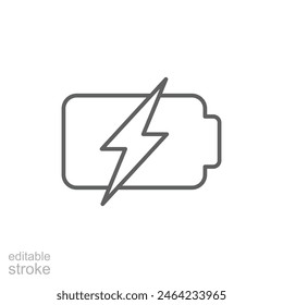 Icono de carga de batería. Estilo de contorno simple. Batería del teléfono, móvil, cargador, eléctrico, energía, relámpago, tecnología, concepto de energía. Símbolo de línea fina. Ilustración vectorial aislada. Trazo editable.
