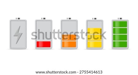 Battery charging icons or charge indicators in different colors with varying charge levels. Vector 3D illustration.