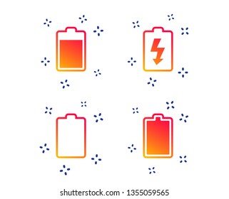 Battery charging icons. Electricity signs symbols. Charge levels: full, empty. Random dynamic shapes. Gradient battery icon. Vector