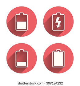 Battery charging icons. Electricity signs symbols. Charge levels: full, half and low. Pink circles flat buttons with shadow. Vector