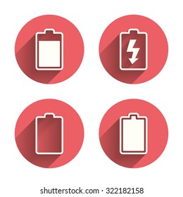 Battery charging icons. Electricity signs symbols. Charge levels: full, empty. Pink circles flat buttons with shadow. Vector