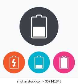 Battery charging icons. Electricity signs symbols. Charge levels: full, half and low. Circle flat buttons with icon.