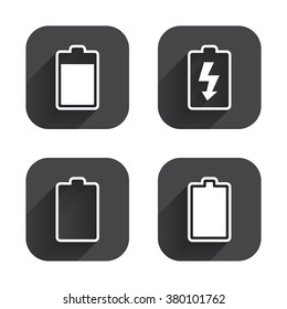 Battery charging icons. Electricity signs symbols. Charge levels: full, empty. Square flat buttons with long shadow.