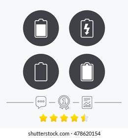 Battery charging icons. Electricity signs symbols. Charge levels: full, empty. Chat, award medal and report linear icons. Star vote ranking. Vector