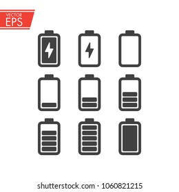 Battery charging icons set. Electricity signs symbols. Charge and phases levels indicators : full,medium, empty. Smartphone battery in different levels of charging. Charge battery power for smartphone