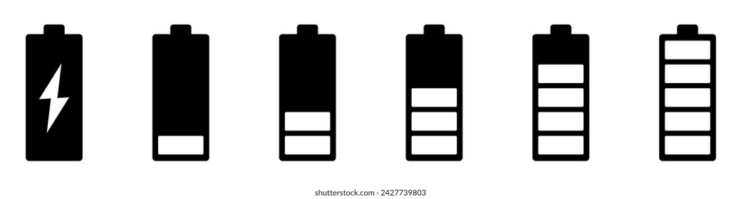 Battery charging icons set. Battery level symbol. Black battery level indicator. Vector illustration.